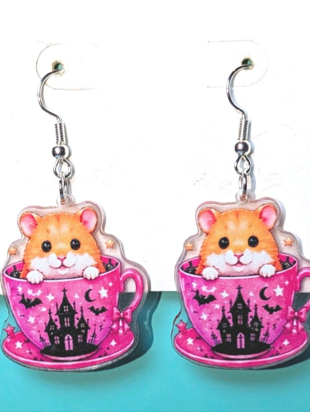 Hand Crafted Pink Hamster Teacup Dangle Earrings